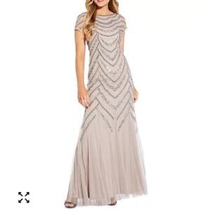Adrianna Papell Taupe Beaded Maxi Dress Fluted Gown Size 16
